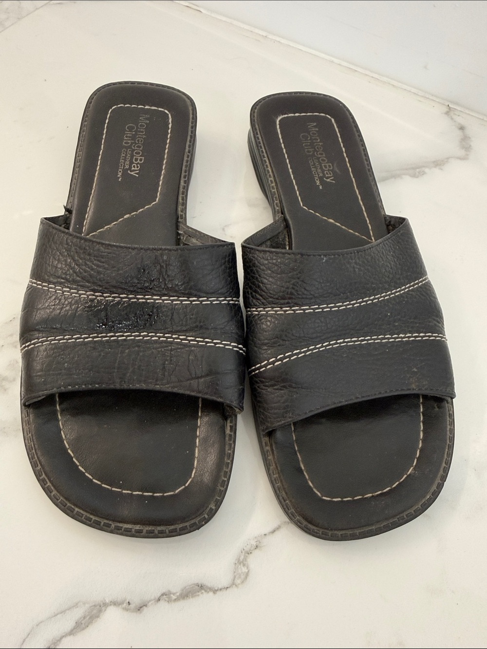 Montego Bay Club Leather Collection Black Slides Comfort Sandals